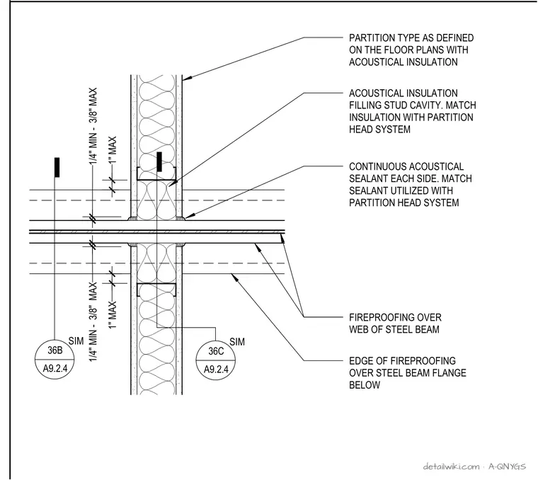 A-QNYGS — Non-Rated Acoustical Partition Perpendicular To Beam - Plan Section Through Beam