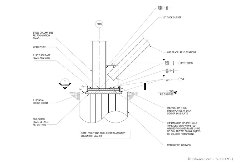 S-ZFDCJ — Base Connection Detail At Braced Frame Connected To Column Flange (Side View)